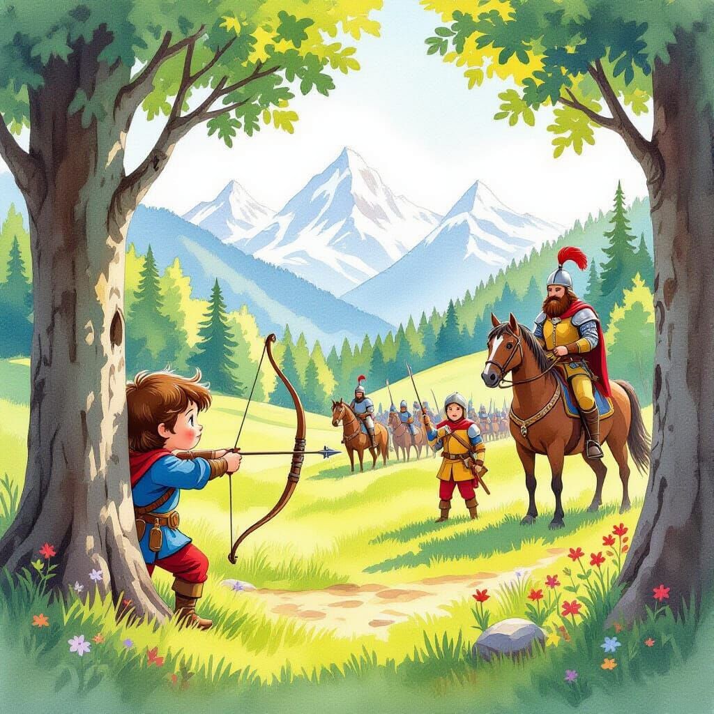 Medieval Fairytale Forest Scene with Child and Soldiers