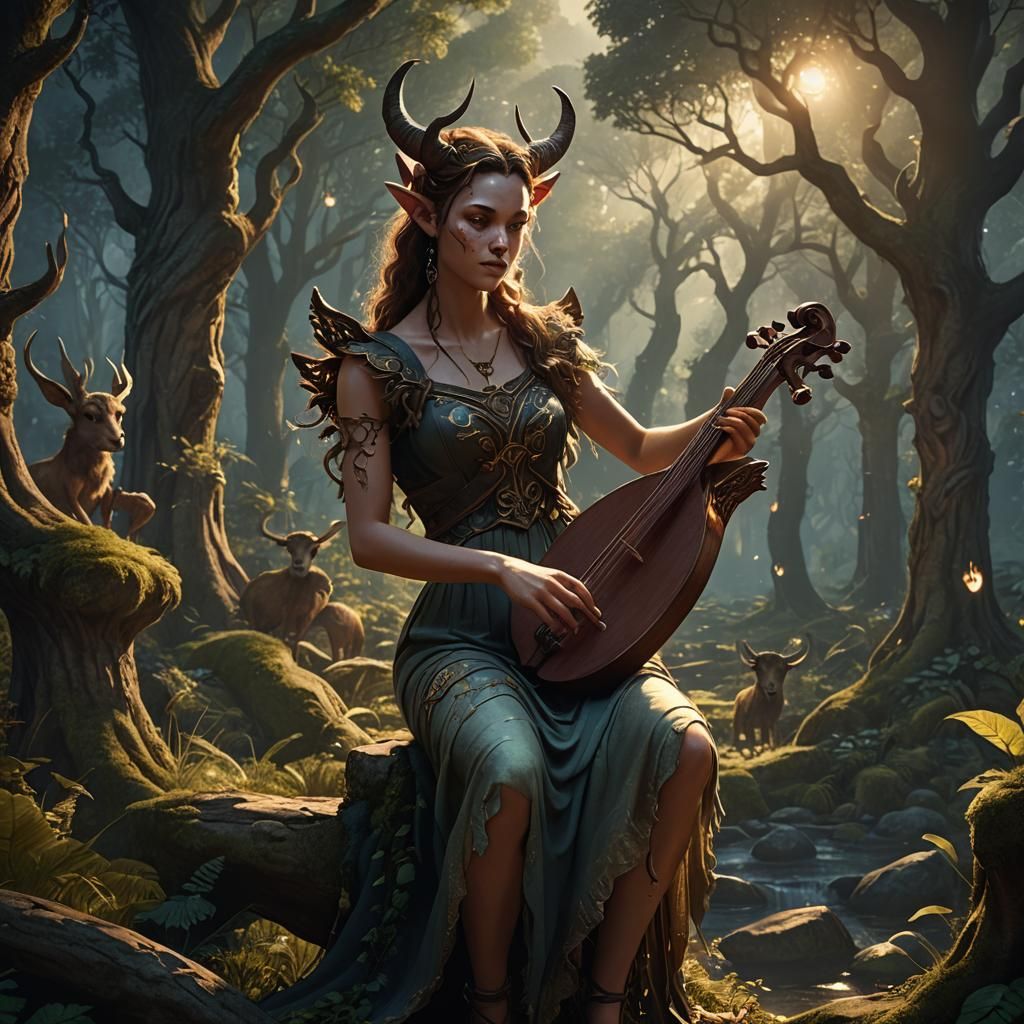Mystical Forest: Female Satyr Bard in Art Nouveau Style