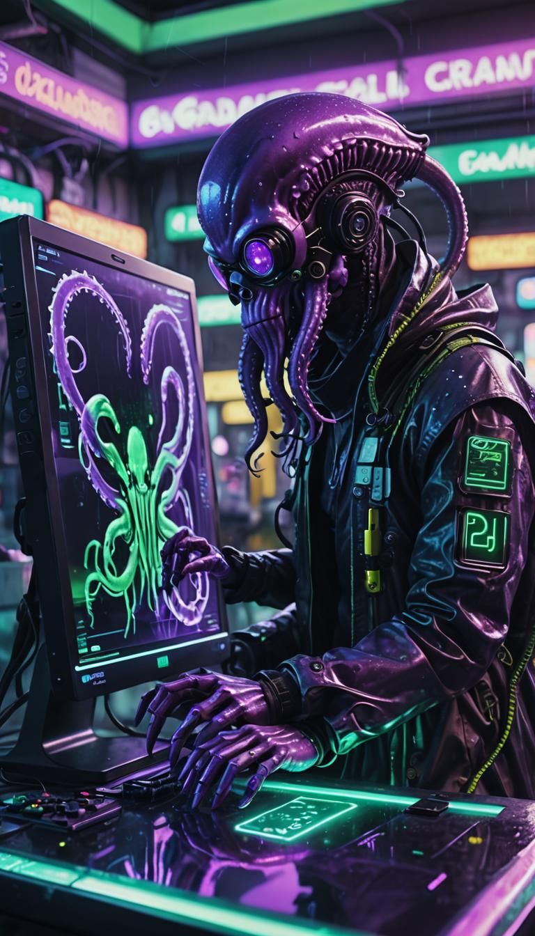 Cyberpunk Android DJ in Neon Gas Station