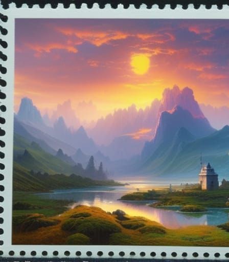 Fantasy Landscape Postage Stamp in Anime Style