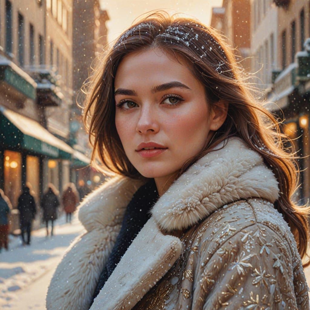 Woman in Fur Coat in Snowy City as Oil Painting