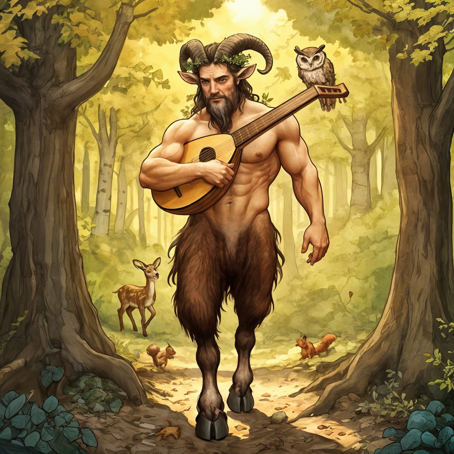 Satyr Wandering Through Forest with Lute