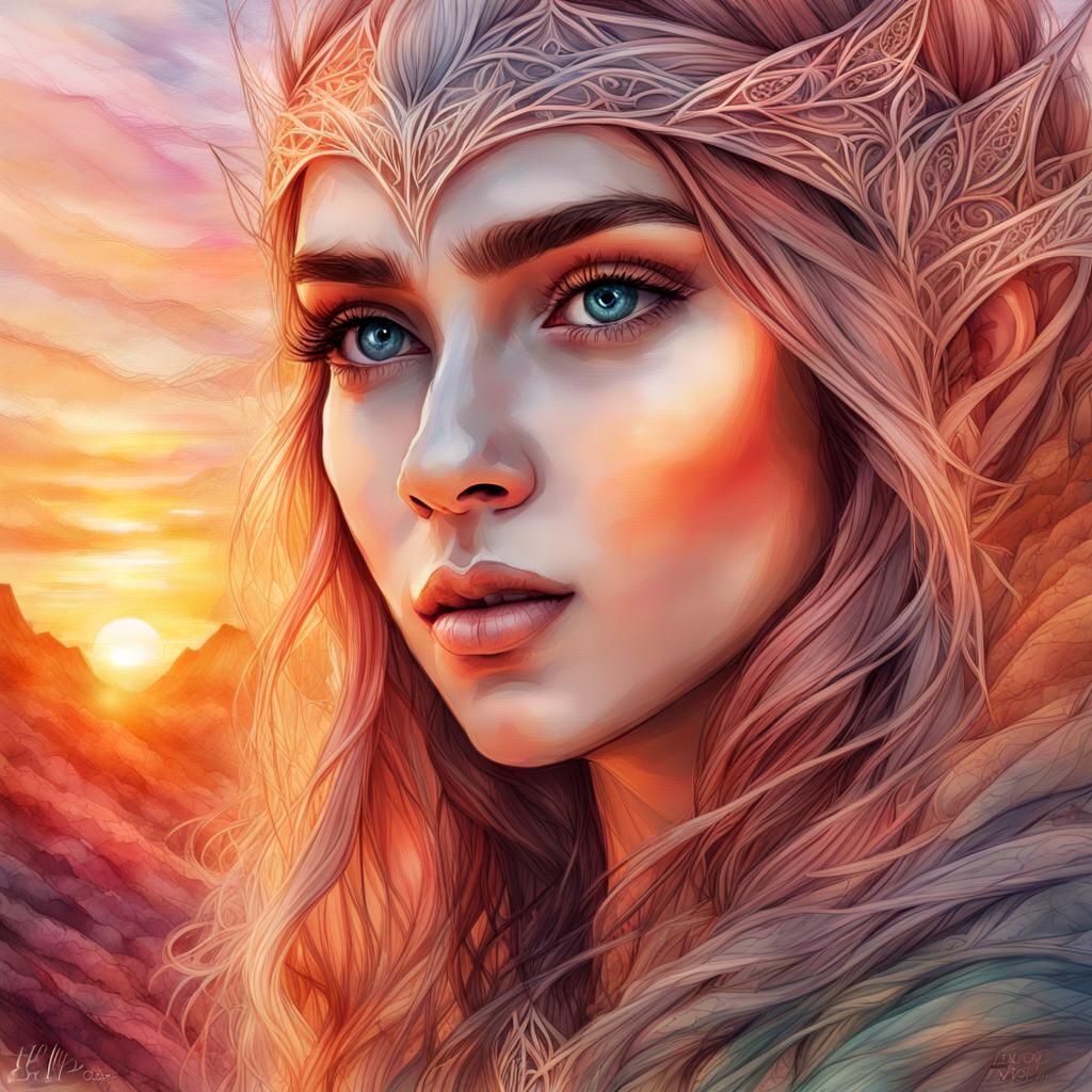 Elven Girl Portrait in Digital Watercolor Illustration