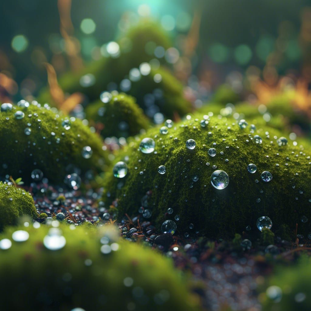 Dew drops on loose moss