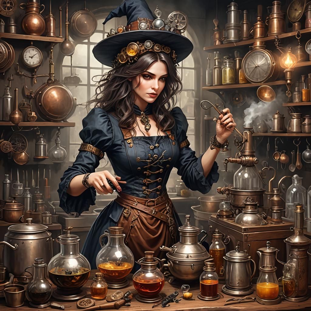 Steampunk Kitchen Witch Making Potions