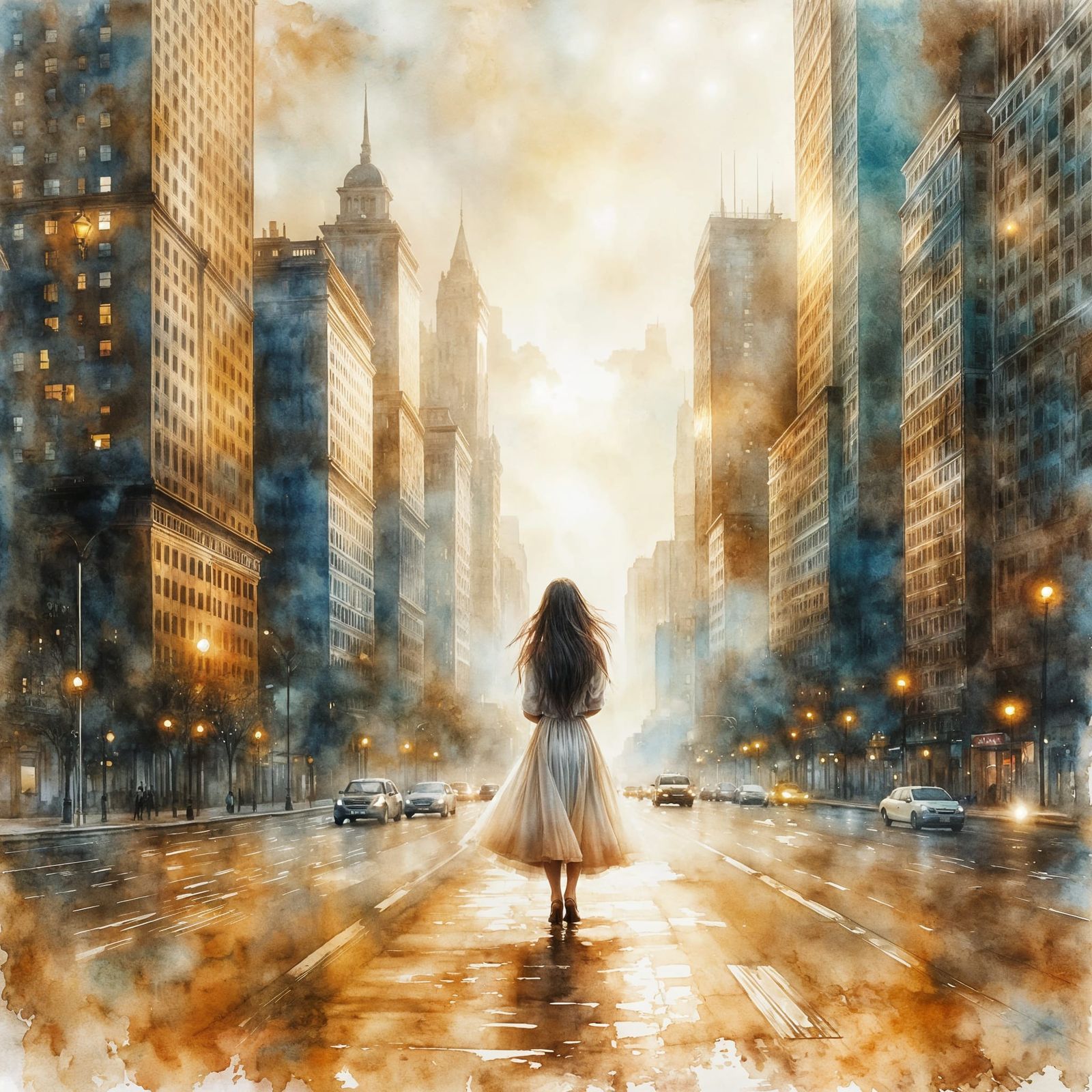 Whimsical Cityscape in Dreamlike Watercolors