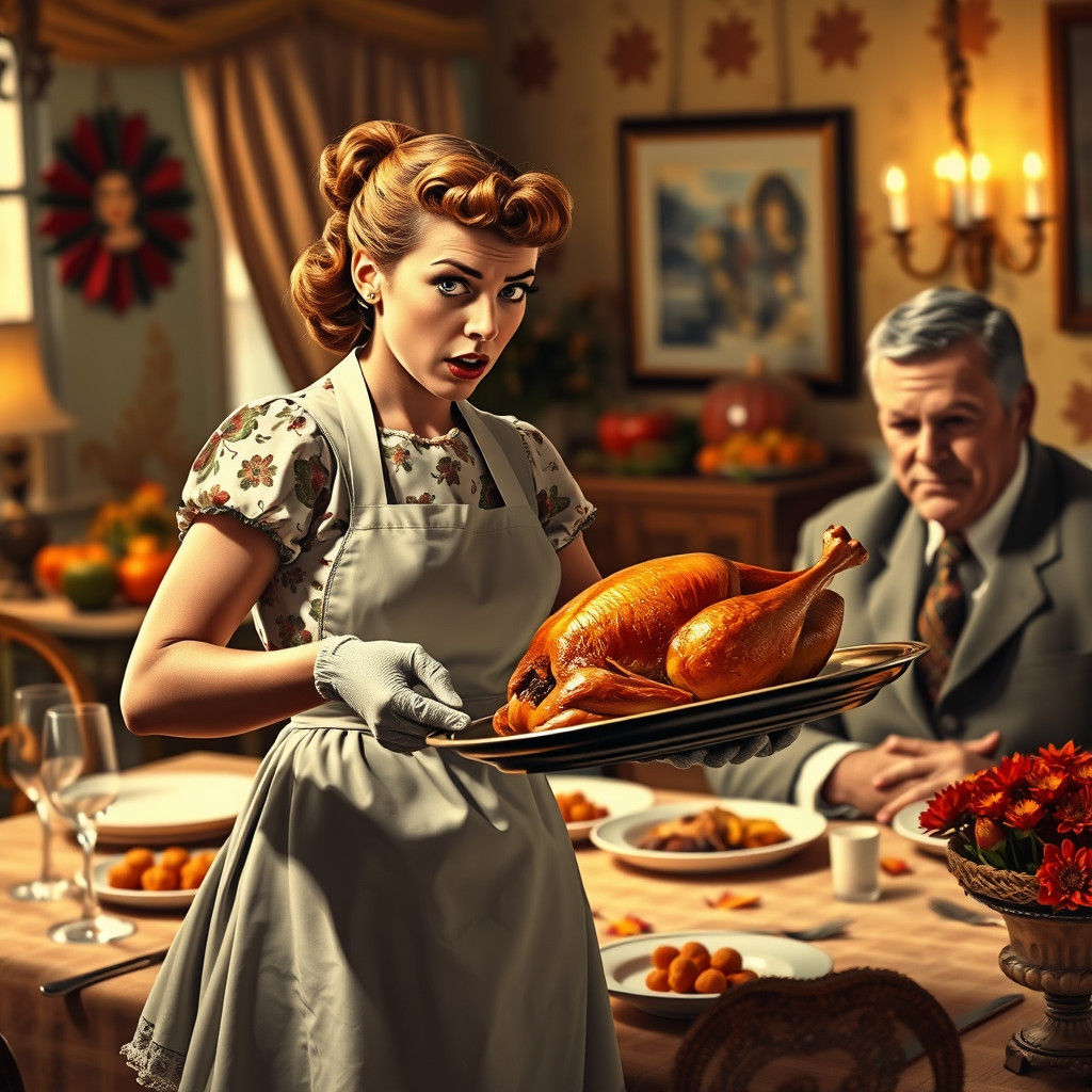 Thanksgiving Tradwife Turkey Disaster in Splash Art Style