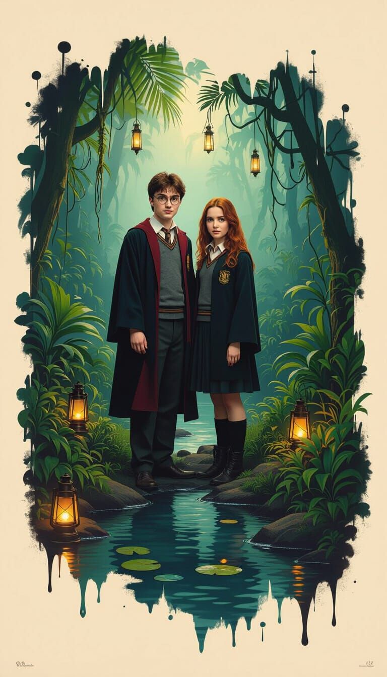 Harry Potter and Ginny Weasley in a Surreal Jungle