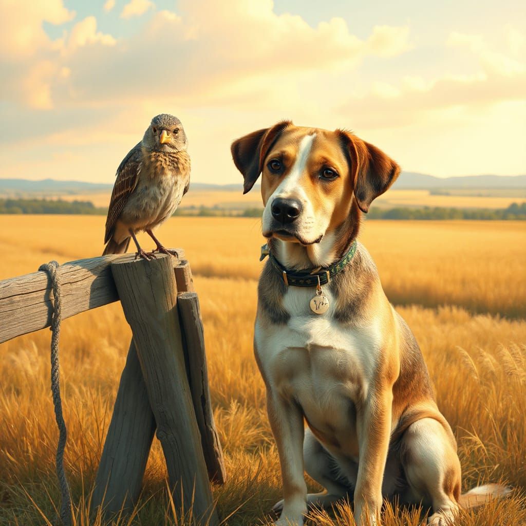 Gentle Dog and Wise Bird in Sunny Landscape