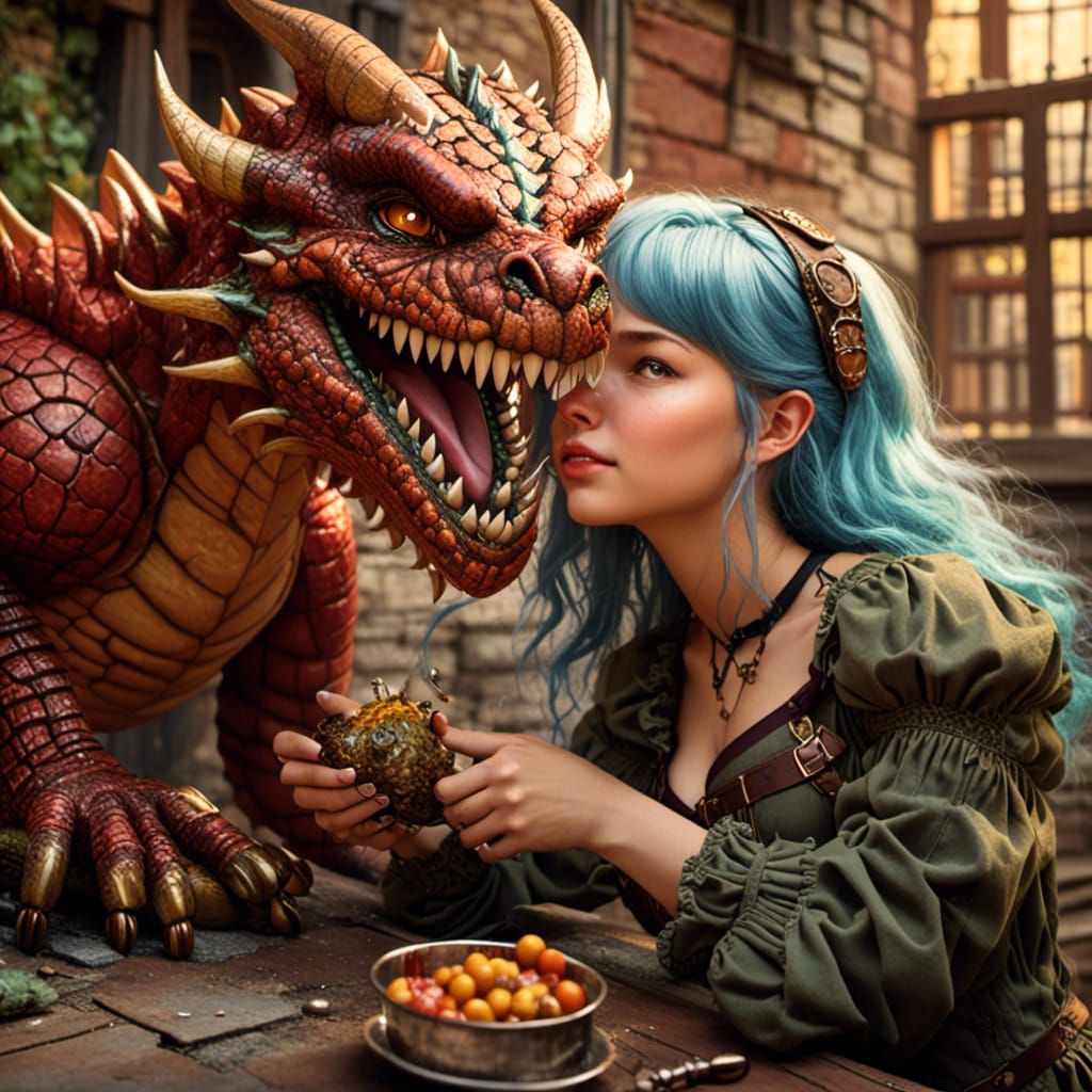 Girl Cares for Dragon in Steampunk Style
