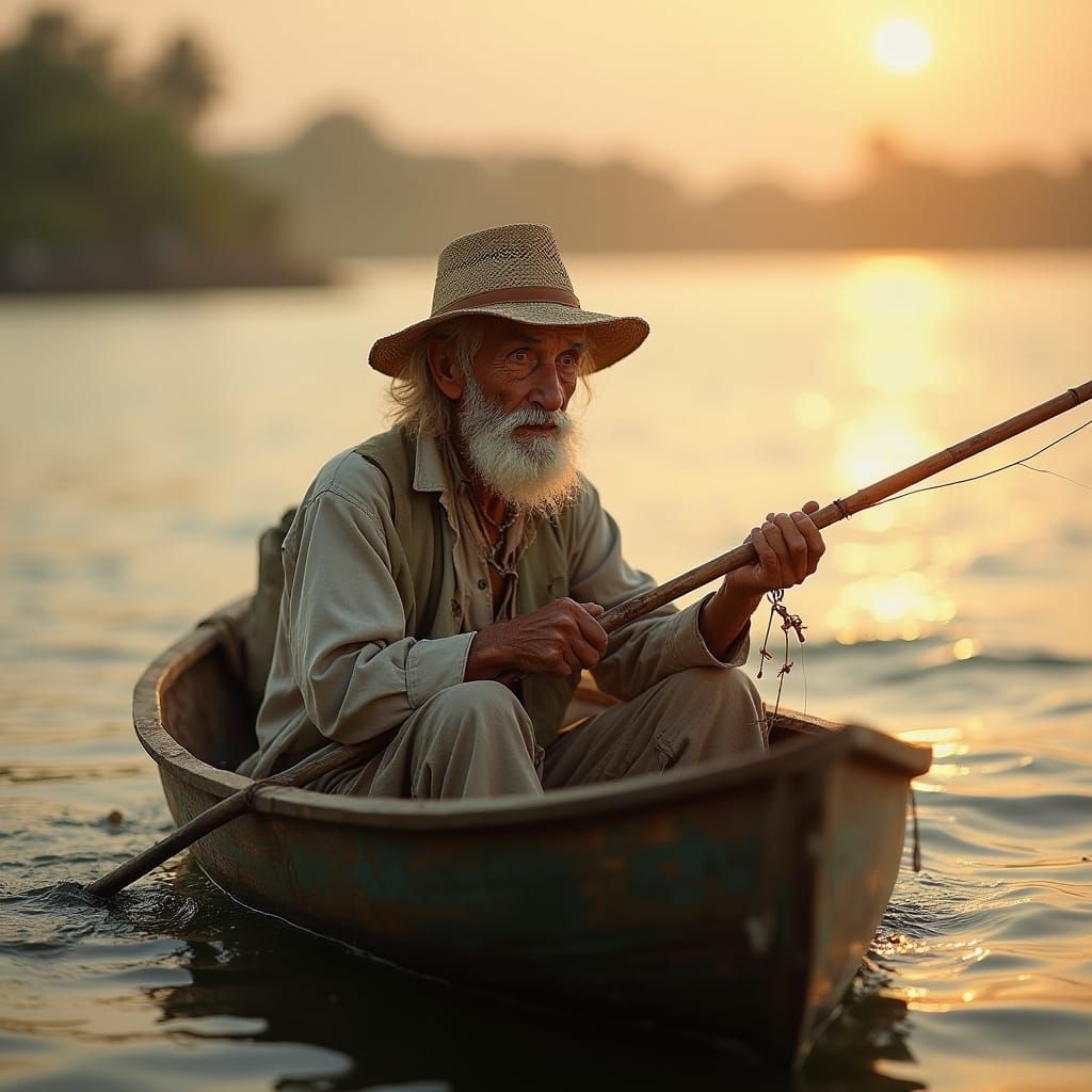 Weathered Fisherman in Golden Dawn Light