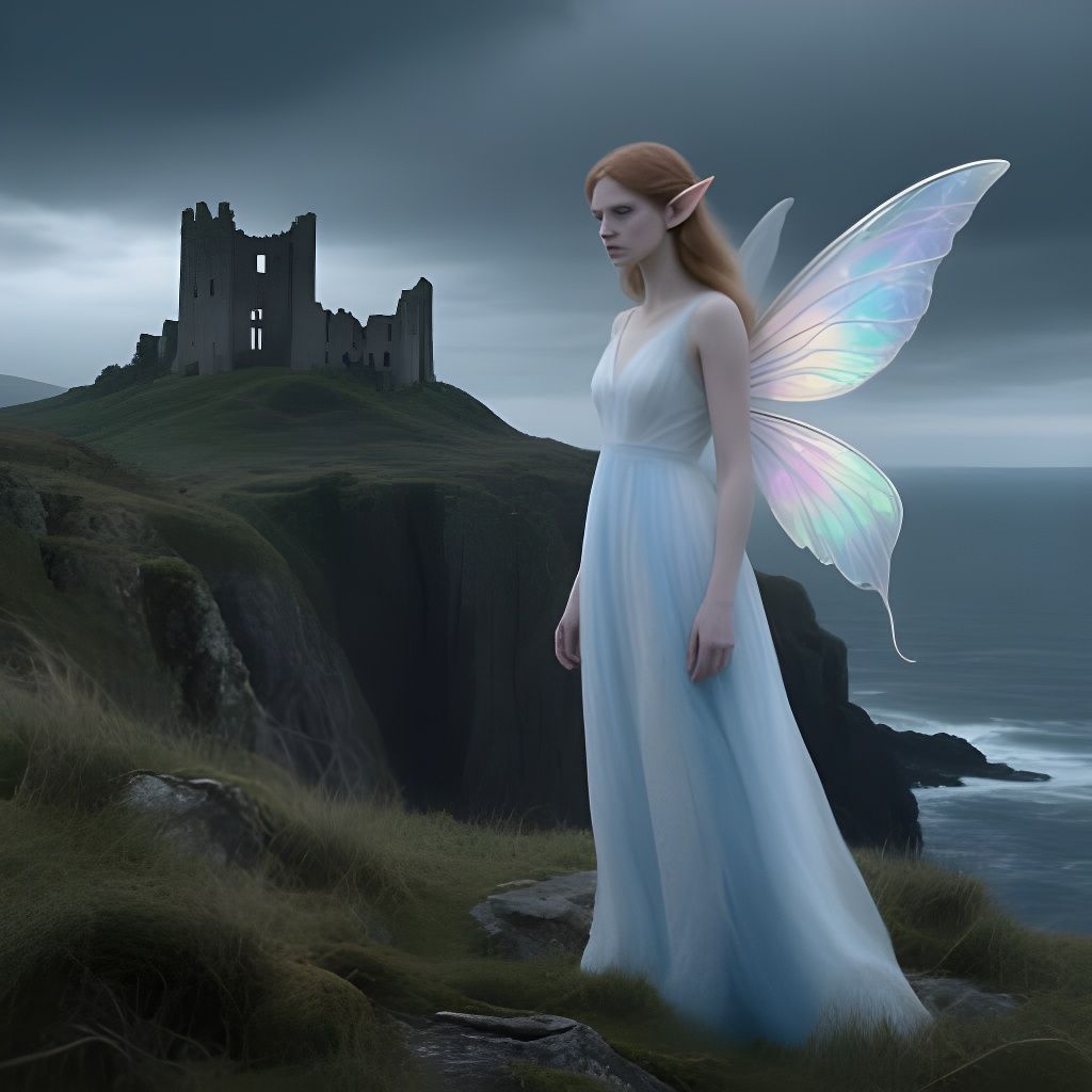 Ethereal Elf Woman on Cliffside Overlooking Sea - Fantasy Ph...
