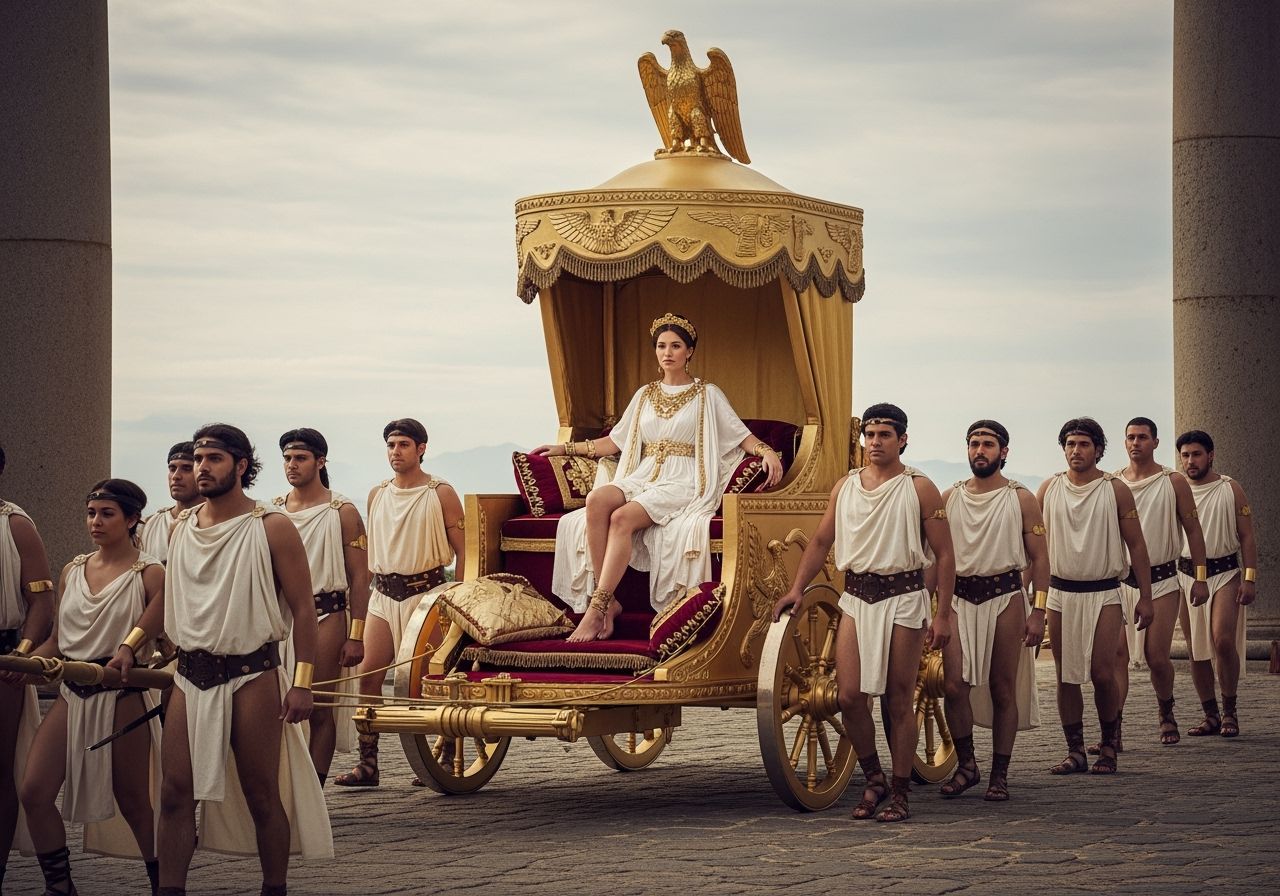Regal Roman Empress on Gold Chariot Throne