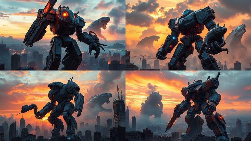 Cyberpunk Mech Stands Vigilant Against a Devastated Metropol...