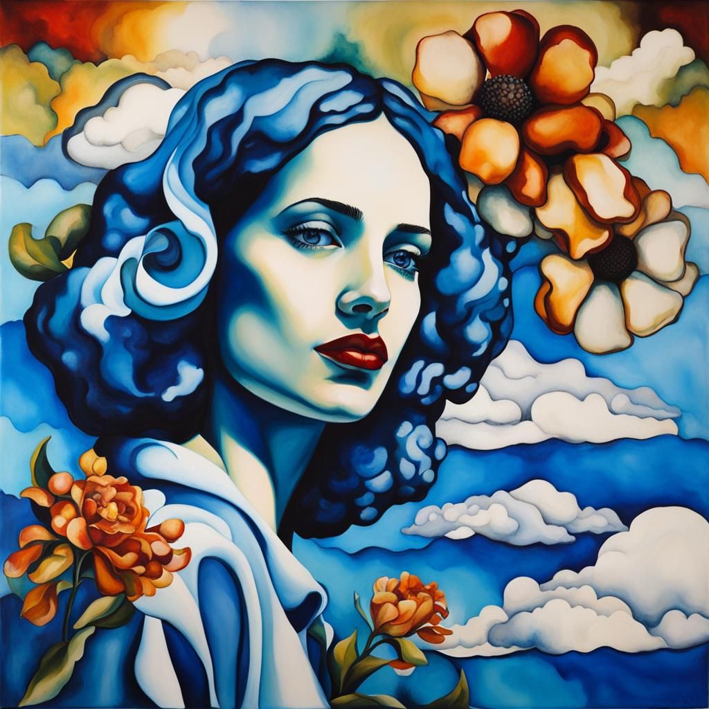 Self portrait clouds alcohol ink flower Tamara de Lempicka b...