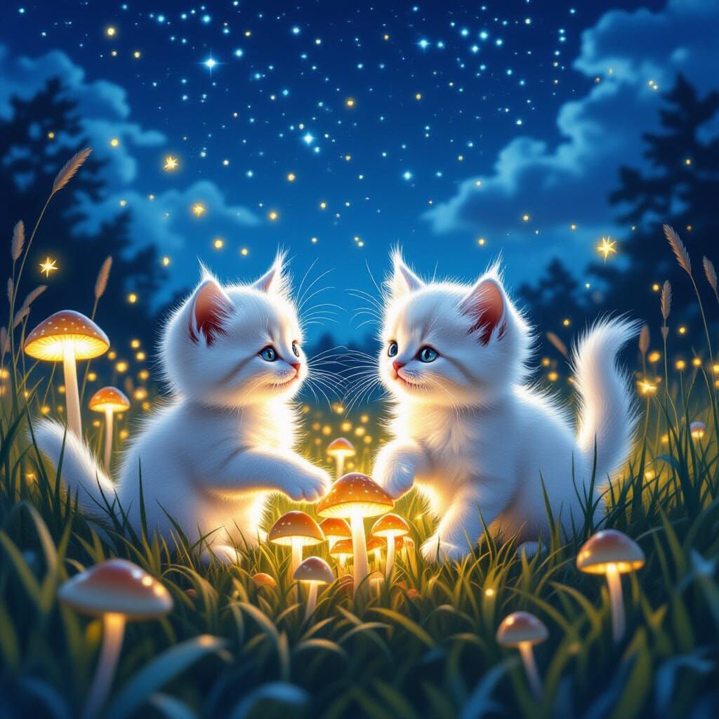 Kittens Playing in Glowing Mushroom Field at Night