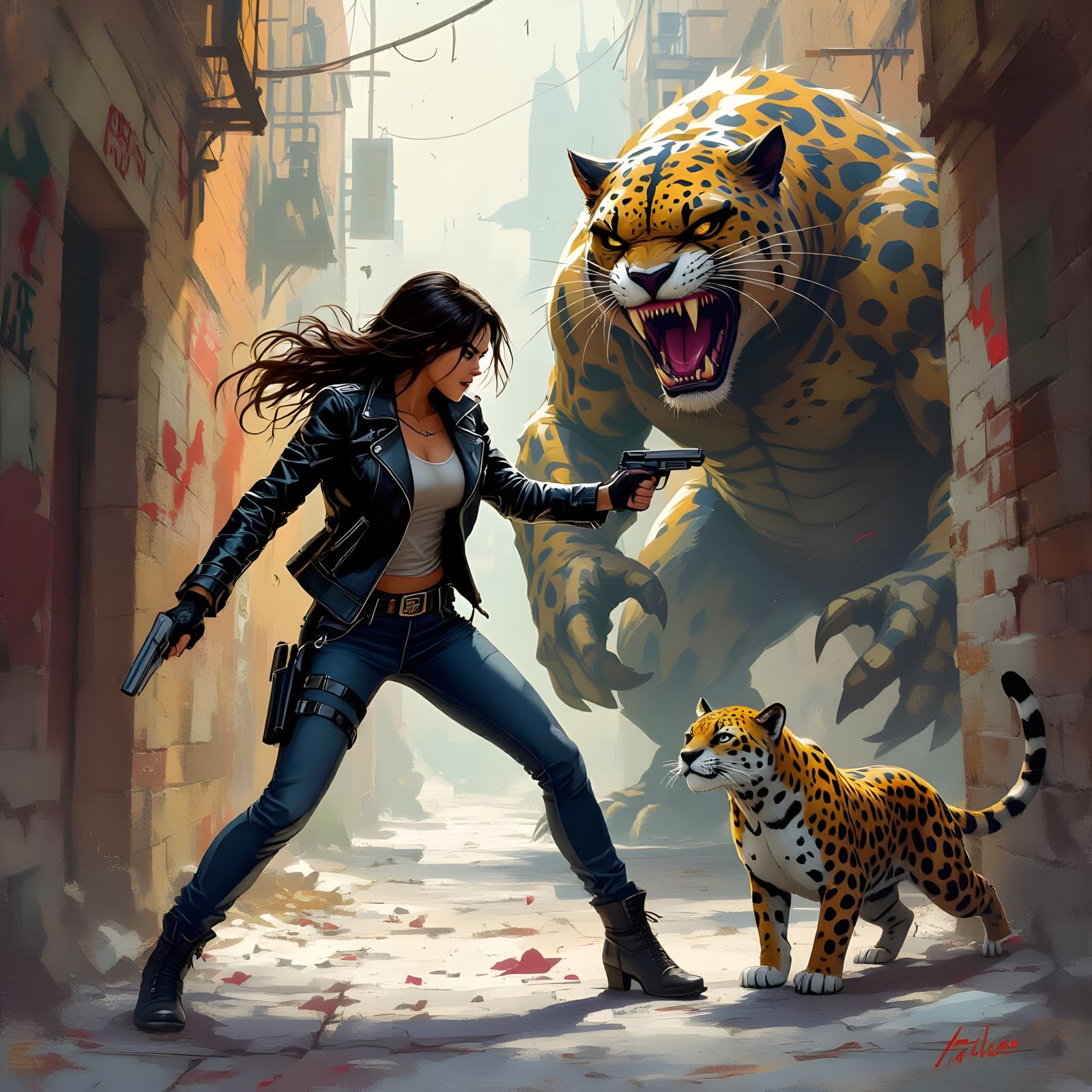 Assassin Spy and Jaguar Fight Monster in Dark Alley