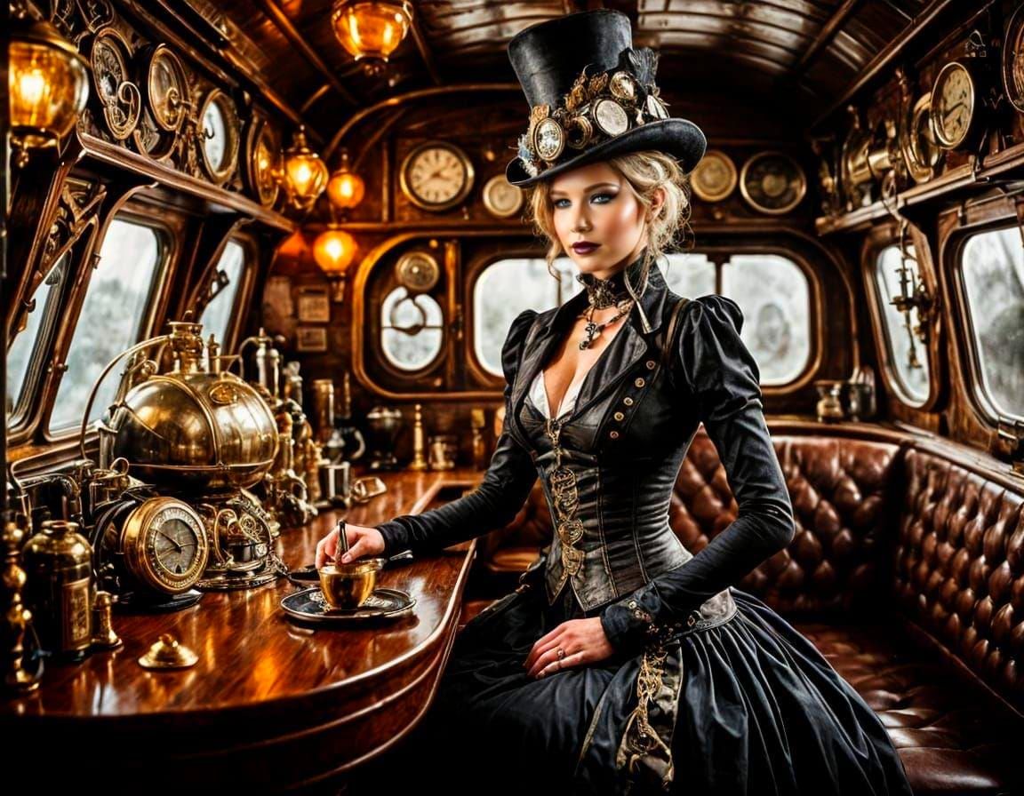 Steampunk Lady in Lavish Airship Cabin
