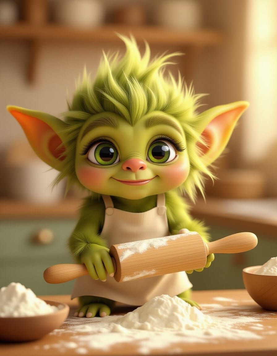 Cute Green Furry Goblin Baking in a Cozy Kitchen