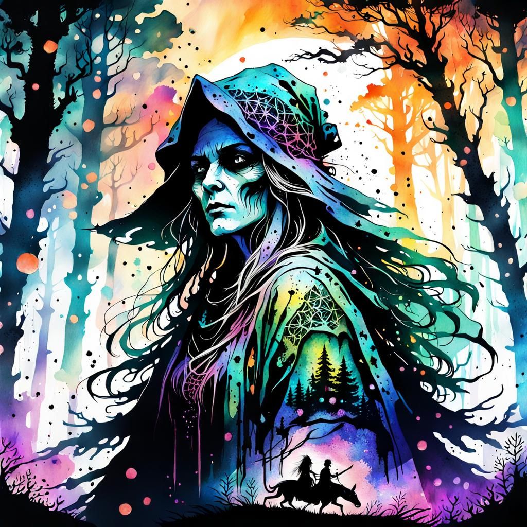 Sinister Witch Silhouette in Digital Watercolor Art