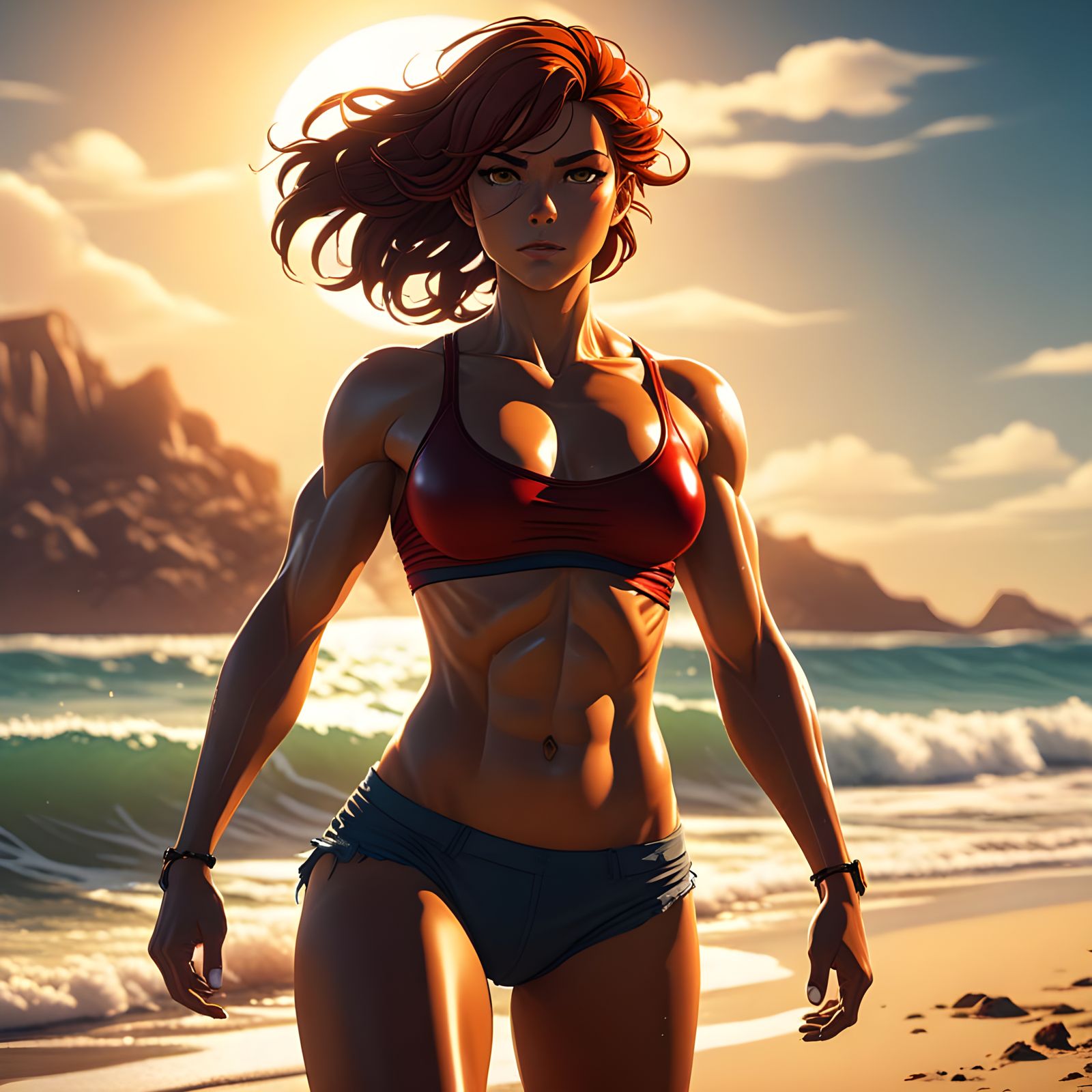 Sculpted Goddess on a Tropical Beach in Anime Style