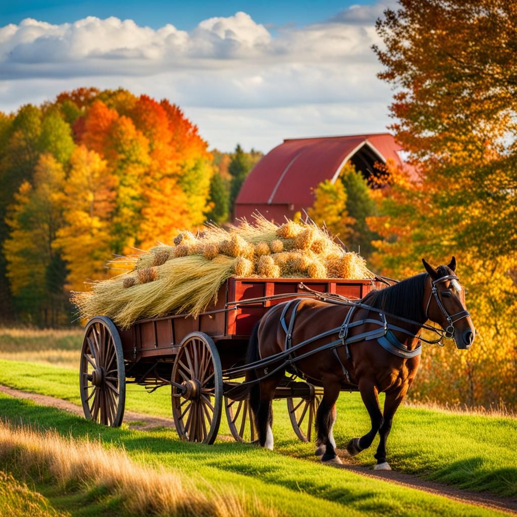 Horse-Drawn Wagon Bringing in the Autumn Harvest