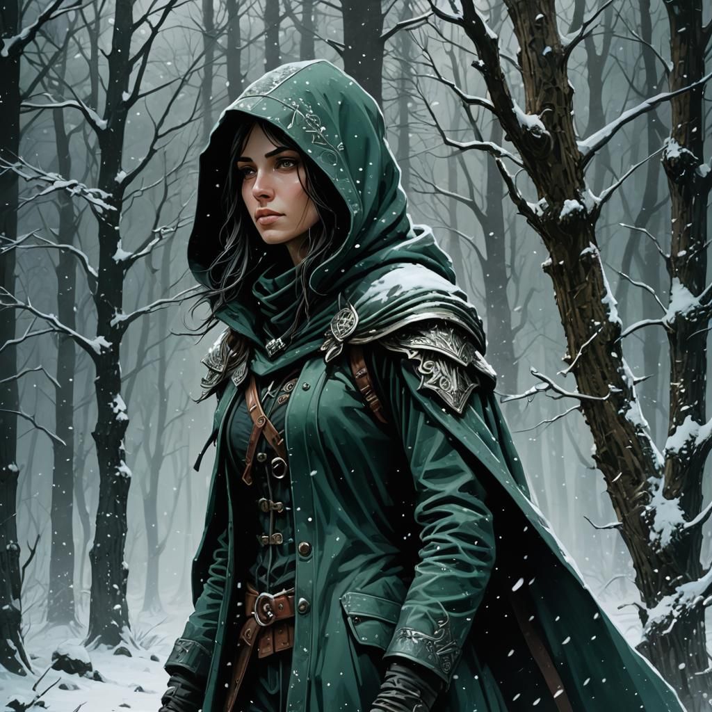 Dark Fantasy Ranger in Winter Forest, Art Nouveau Screenprin...