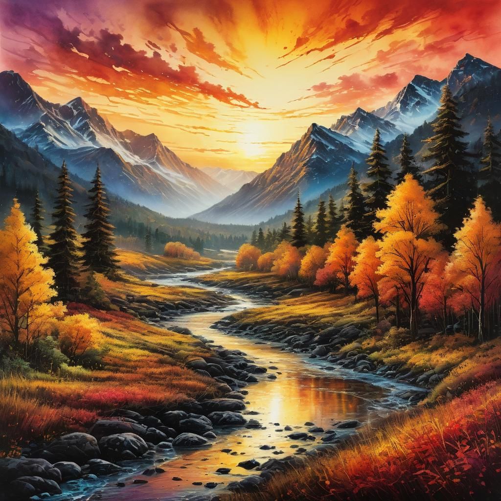 Golden Autumn Valley in Watercolor Style