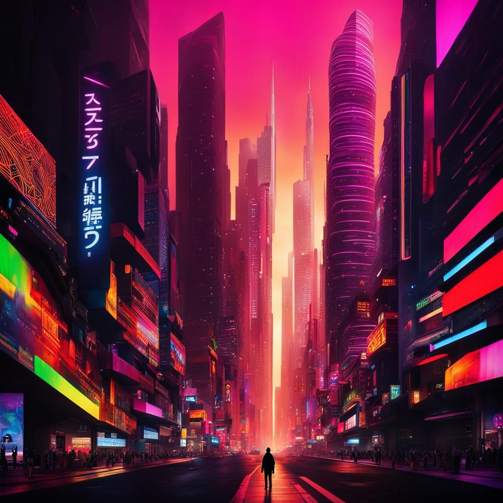 Futuristic Cityscape with Lone Wanderer in Cyberpunk Style