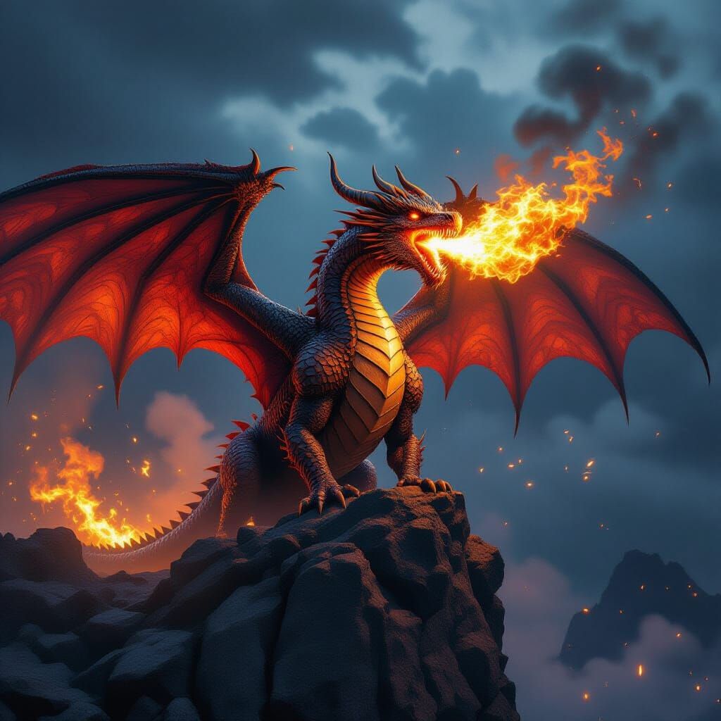 Realistic Fire Dragon Roaring Flames on Rocky Cliff