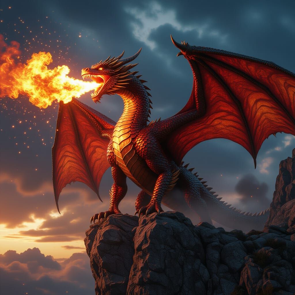 Majestic Fire Dragon on Cliff in Cinematic 3D Style