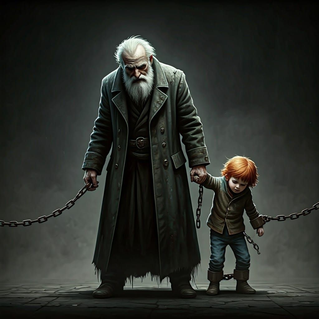 Frail Elderly Man Grasps Child's Hand in Ominous Black and W...