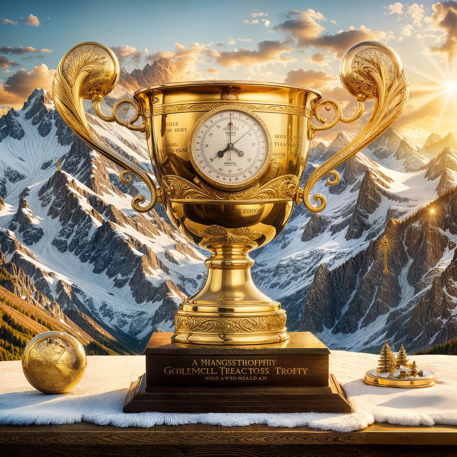 Golden Trophy Symbolizing Balance in Swiss Alps