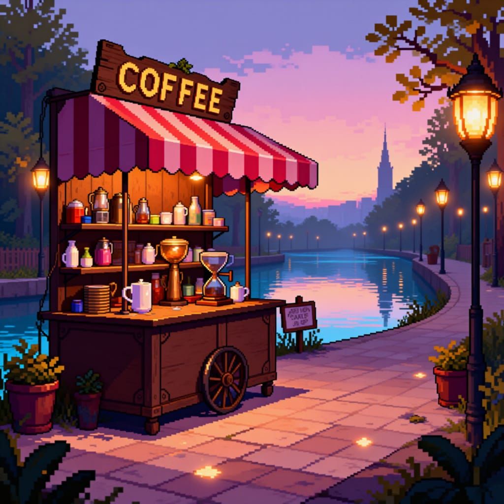 Cozy Pixel Art Coffee Cart Scene with River View
