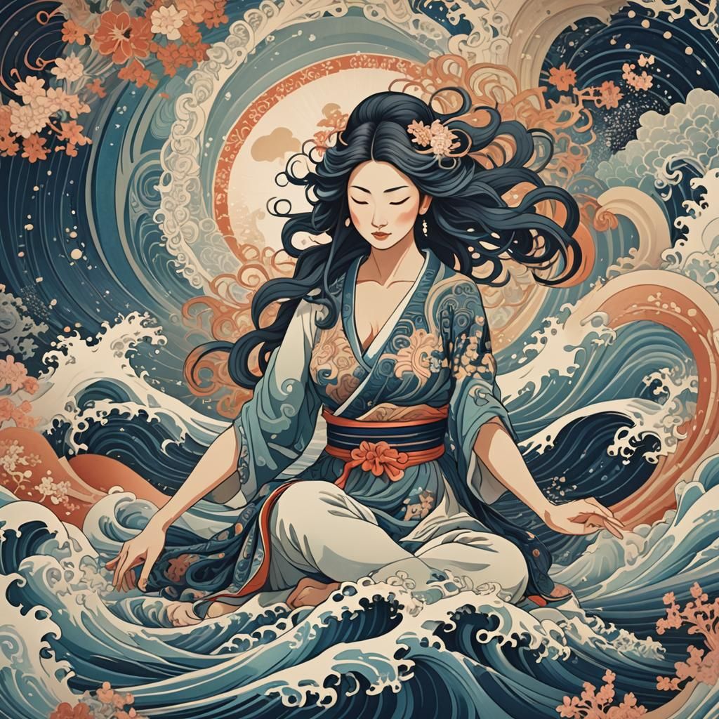 Mesmerizing Ukiyo-e Woman Merging with Ocean Waves