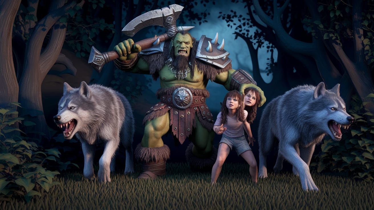 Orc Warrior Protecting Children in Dark Fantasy Forest