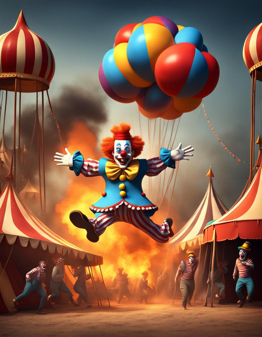 Cartoon Clown Flees Burning Circus Tent