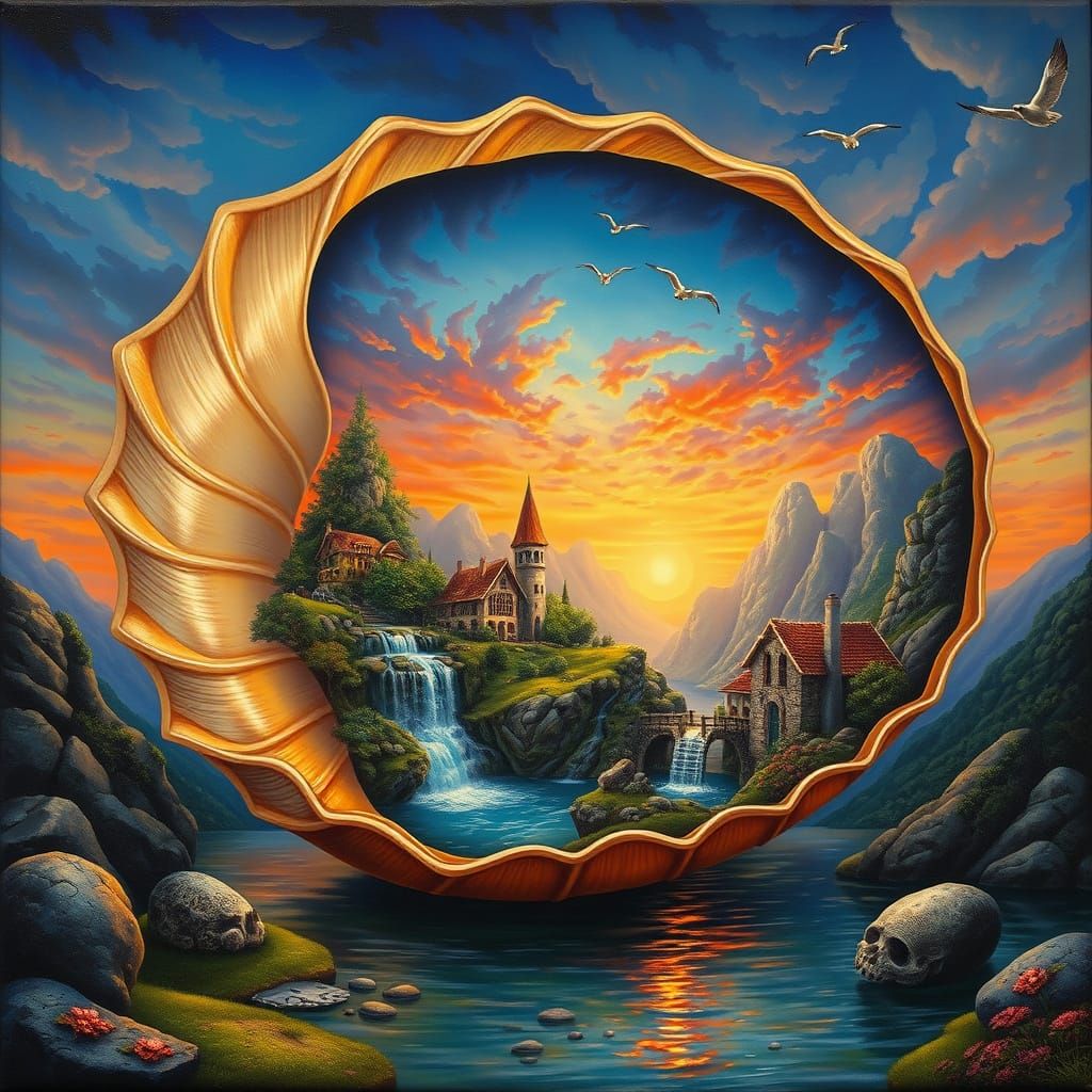 Fantasy Nautilus Shell Unveils Vibrant Sunset Scenes