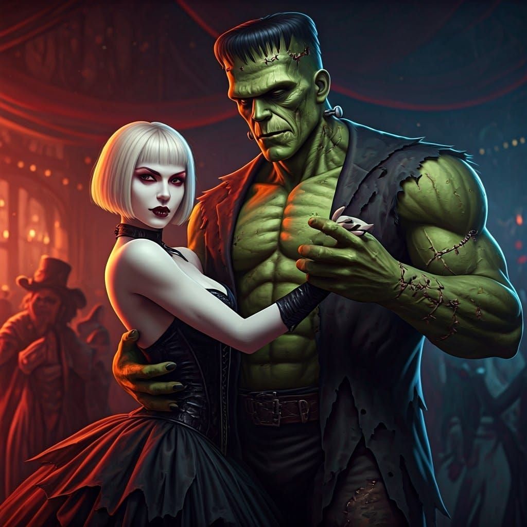 Goth Vampire Queen and Frankenstein Monster Halloween Soiree