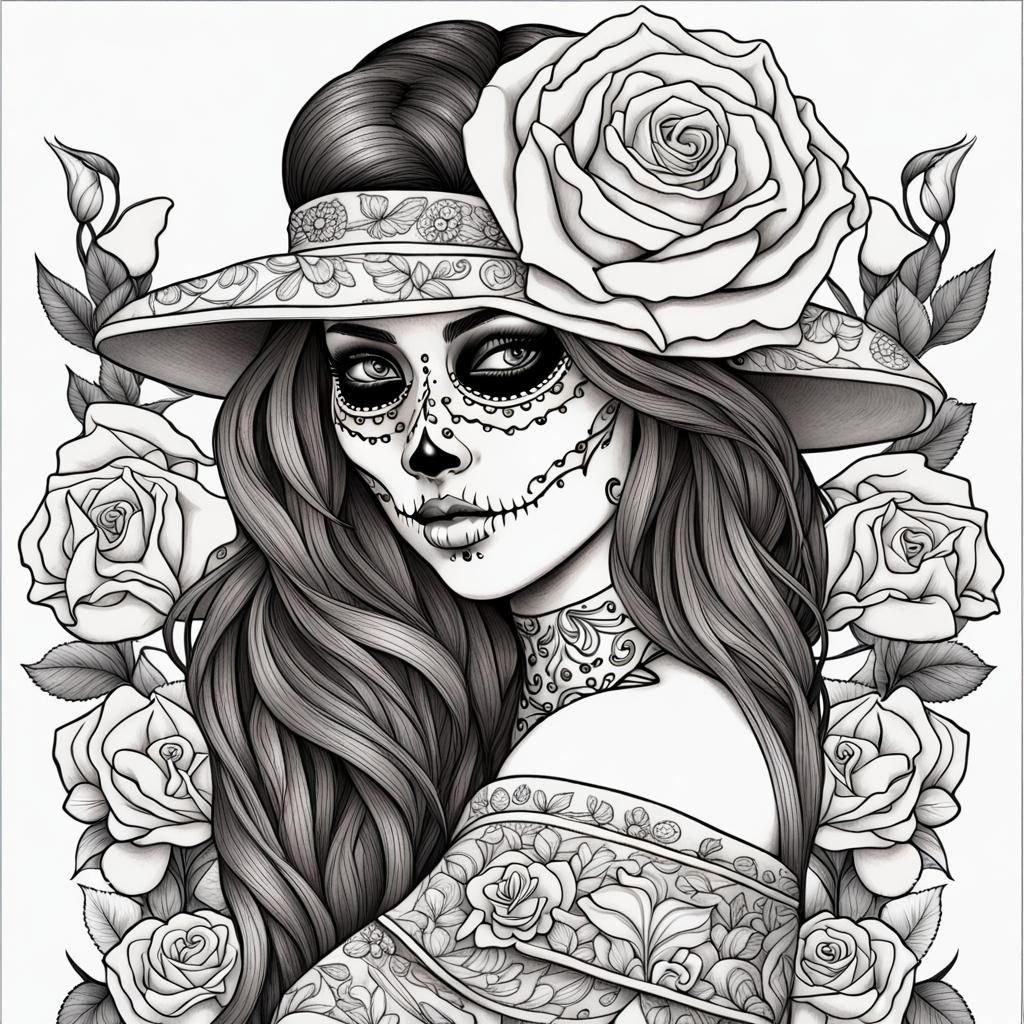 Day of the Dead Woman with Roses Coloring Page