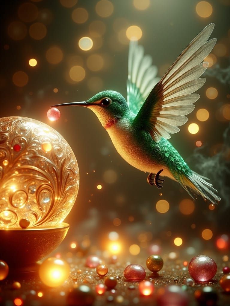 Ethereal Emerald Hummingbird in a Golden Art Nouveau Dream