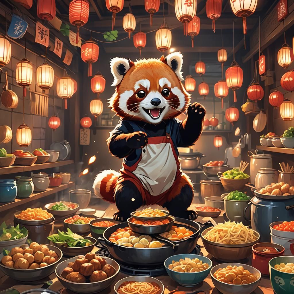 Anime Red Panda Chef Cooking Delicious Food