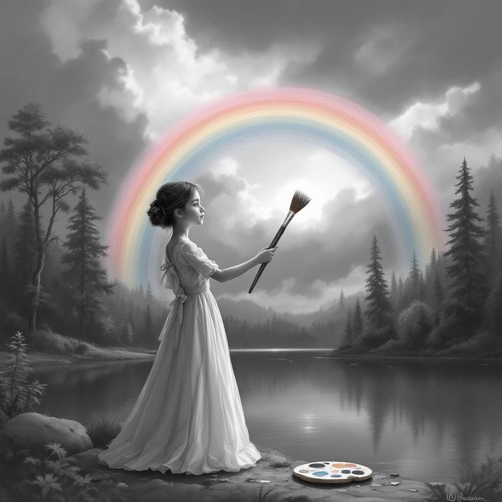 Girl Paints Rainbow in Grayscale Impressionism