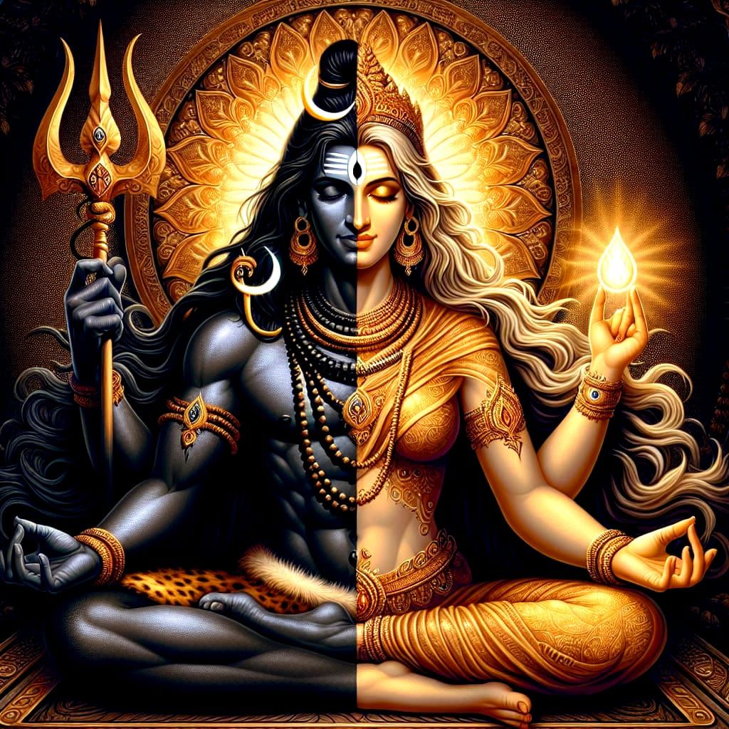 Ethereal Digital Portrait of Ardhanarishvara in Perfect Bala...