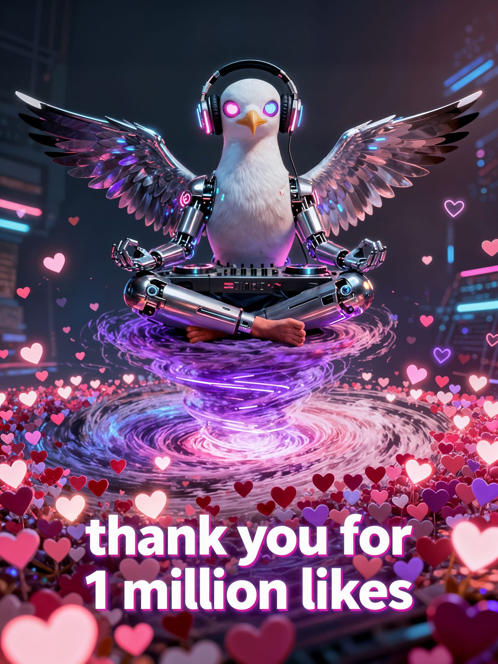Cyberpunk Seagull DJ Meditating on Love Heart Hurricane