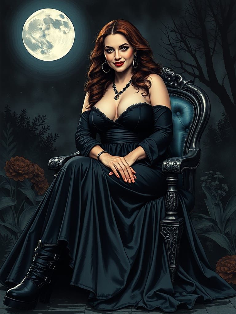 Gothic Egyptian Woman in Moonlit Garden: Alcohol Ink Portrai...