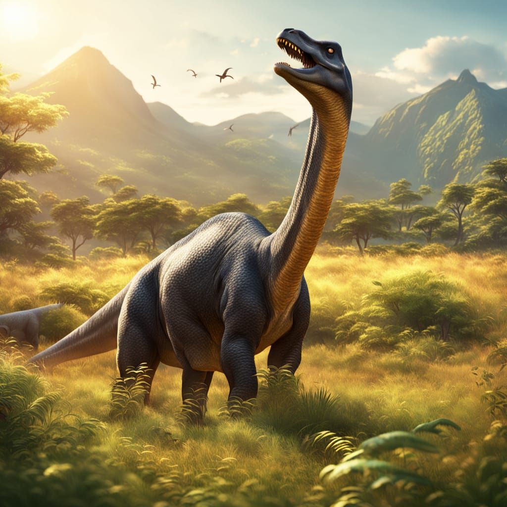 Brachiosaurus in Meadow: Hyper-Realistic Digital Matte Paint...