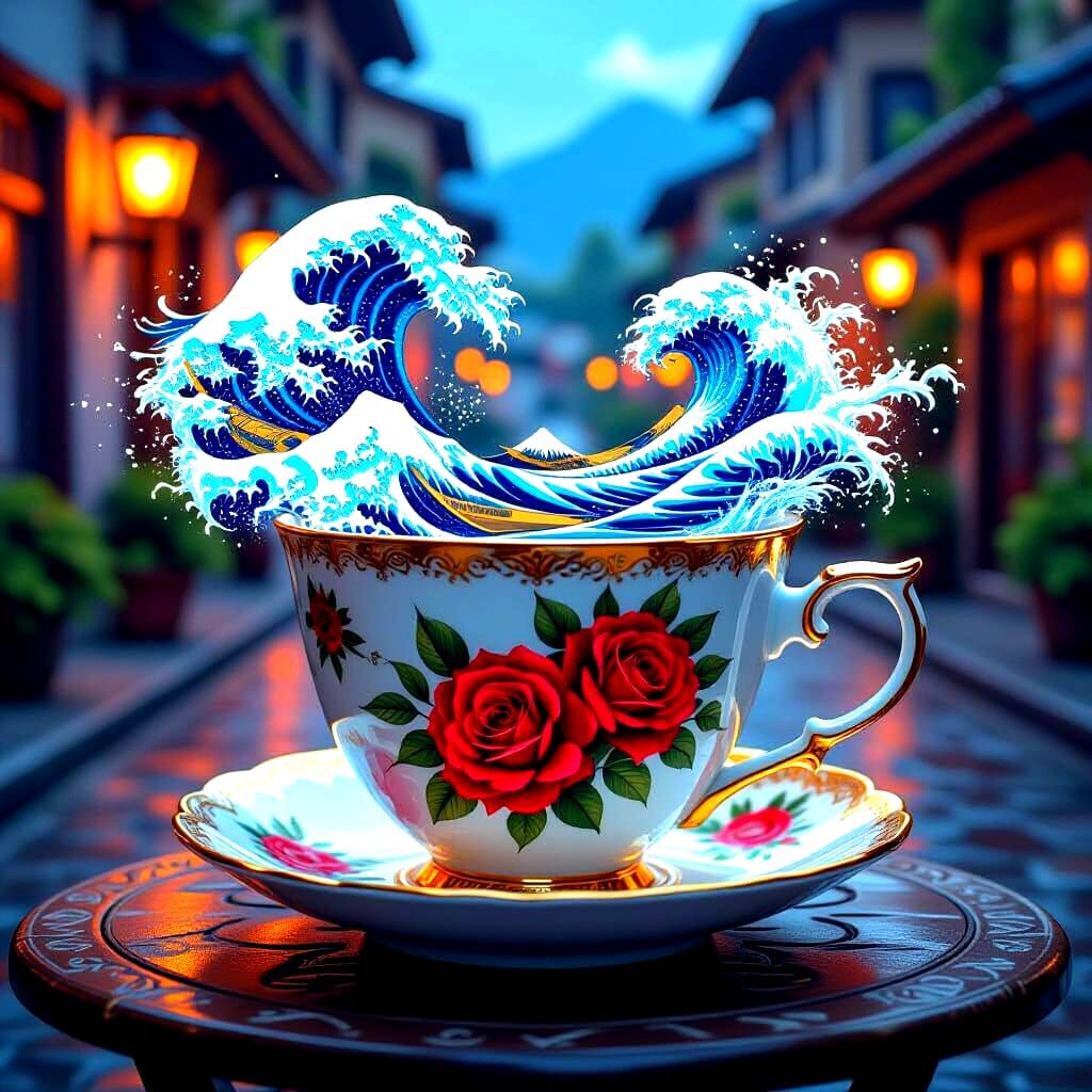 Hyperrealistic Tea Cup Storm with Roses