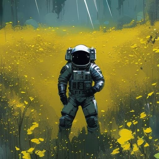 Astronaut on Alien Planet with Yellow Flowers