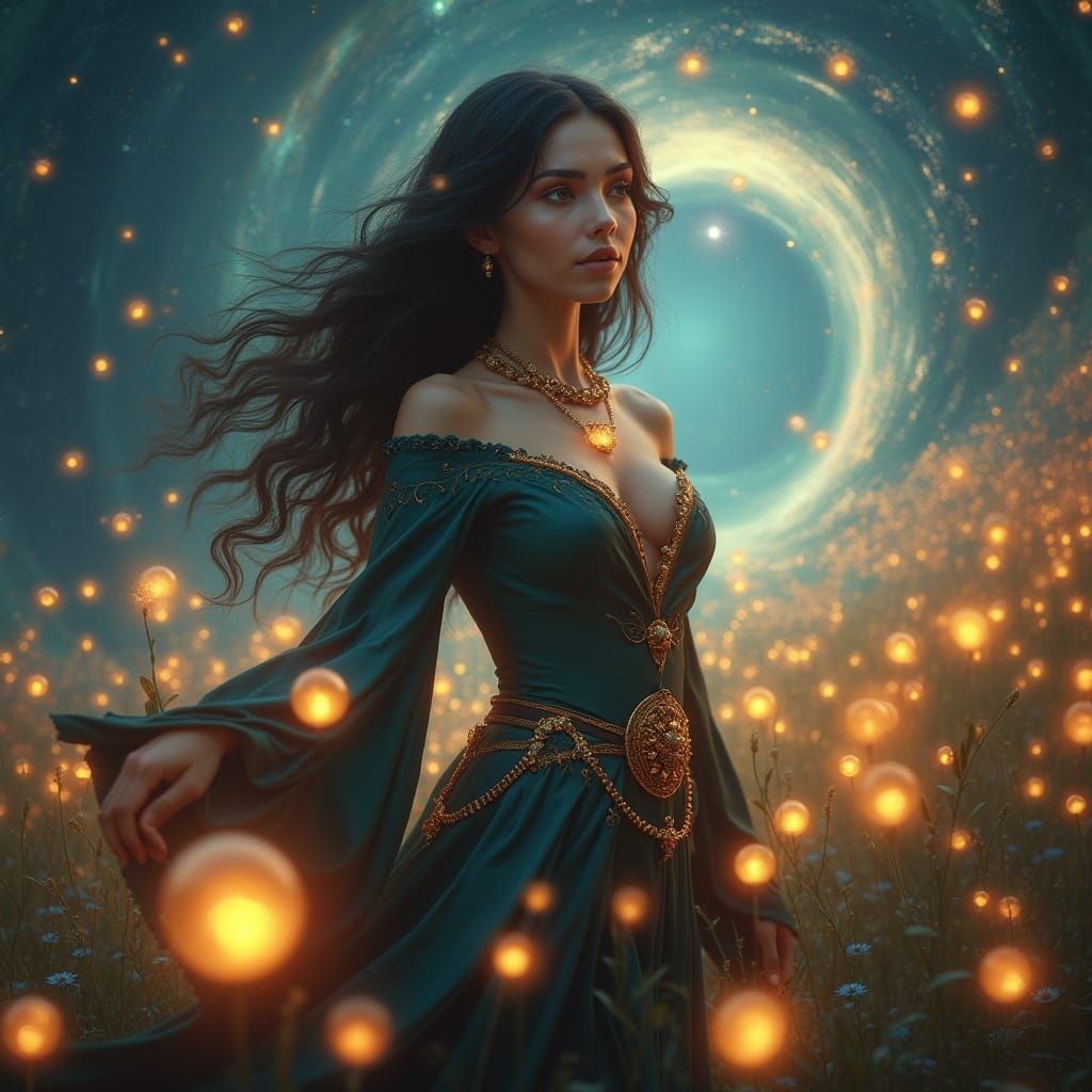 Sorceress in Field of Orbs with Astral Energy